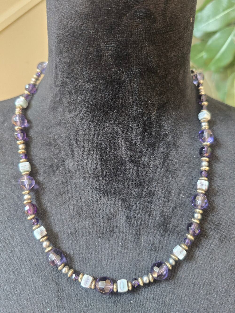Purple Silver Tone Beaded Necklace Glass Style Beads Boho Fashion Jewelry